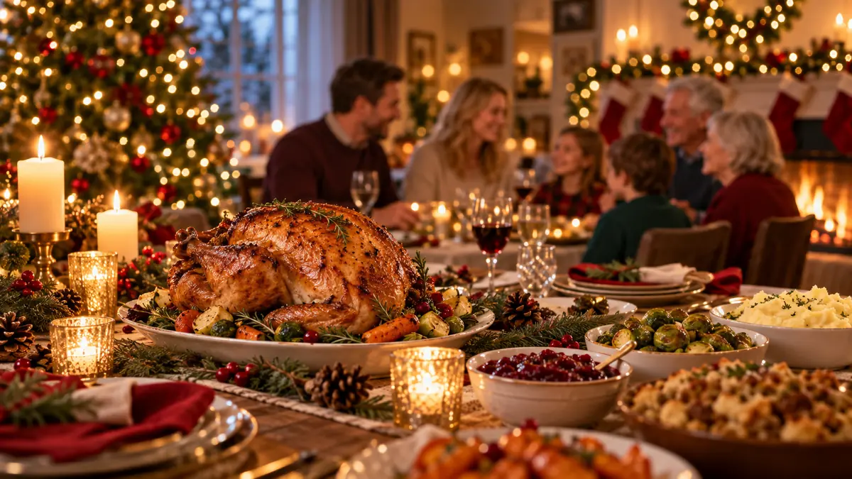Família reunida à mesa da ceia de Natal com peru assado e acompanhamentos