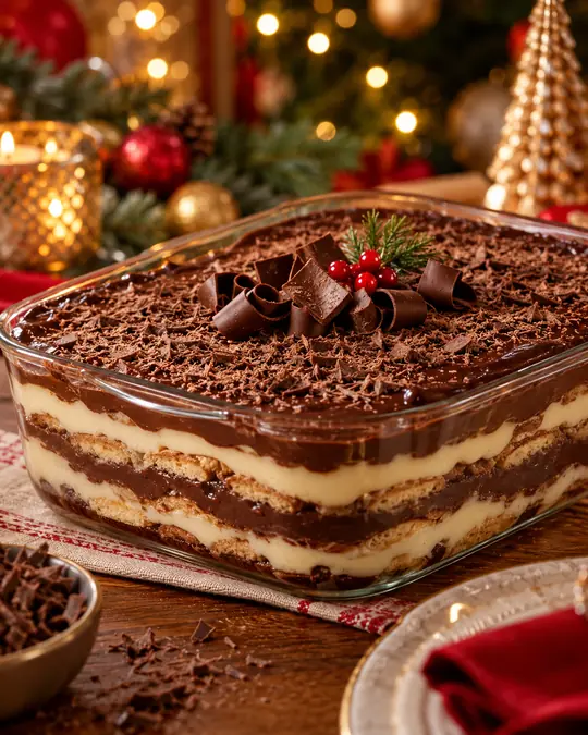 Pavê de chocolate em camadas com raspas e cachos de chocolate