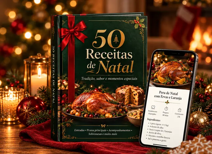 Capa do eBook 50 Receitas de Natal ao lado de um celular com a receita de peru de Natal com ervas e laranja, sobre a mesa da ceia