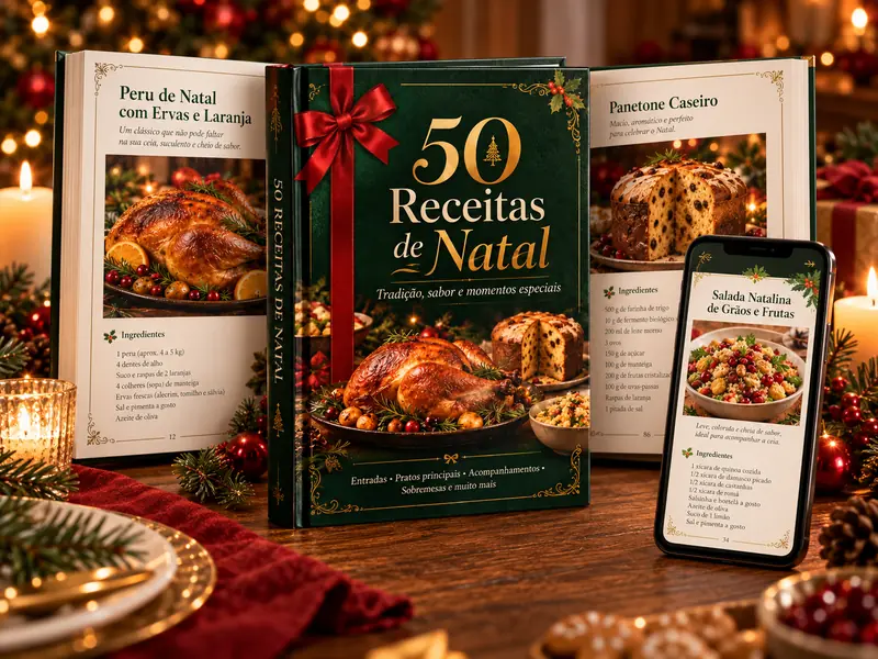 eBook 50 Receitas de Natal com páginas de peru de Natal e panetone caseiro e um celular com a receita de salada natalina