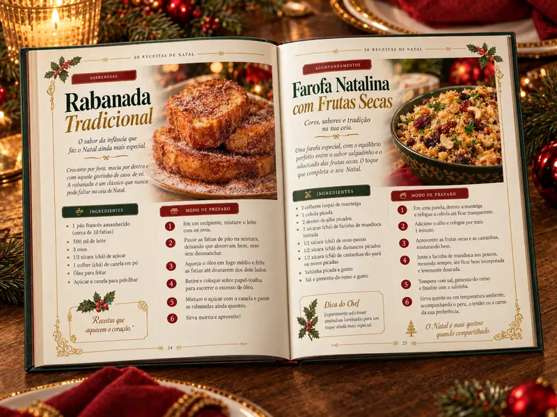 eBook aberto nas receitas de rabanada tradicional e farofa natalina com frutas secas, com ingredientes e modo de preparo